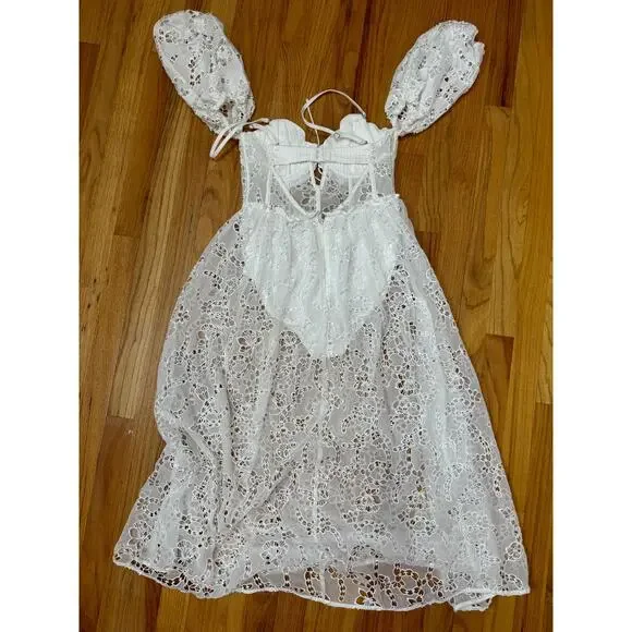 For Love & Lemons Romi Midi‎ Dress in White Small Floral Eyelet Puff Sleeve